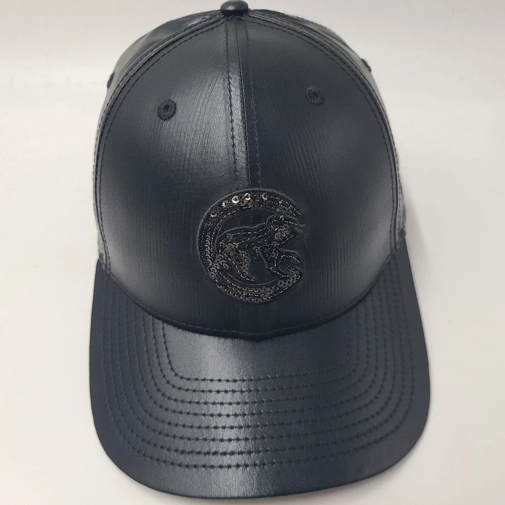 Women Chicago Cubs Hat Snapback New Era 9Forty Black Sequins Logo Faux Leather